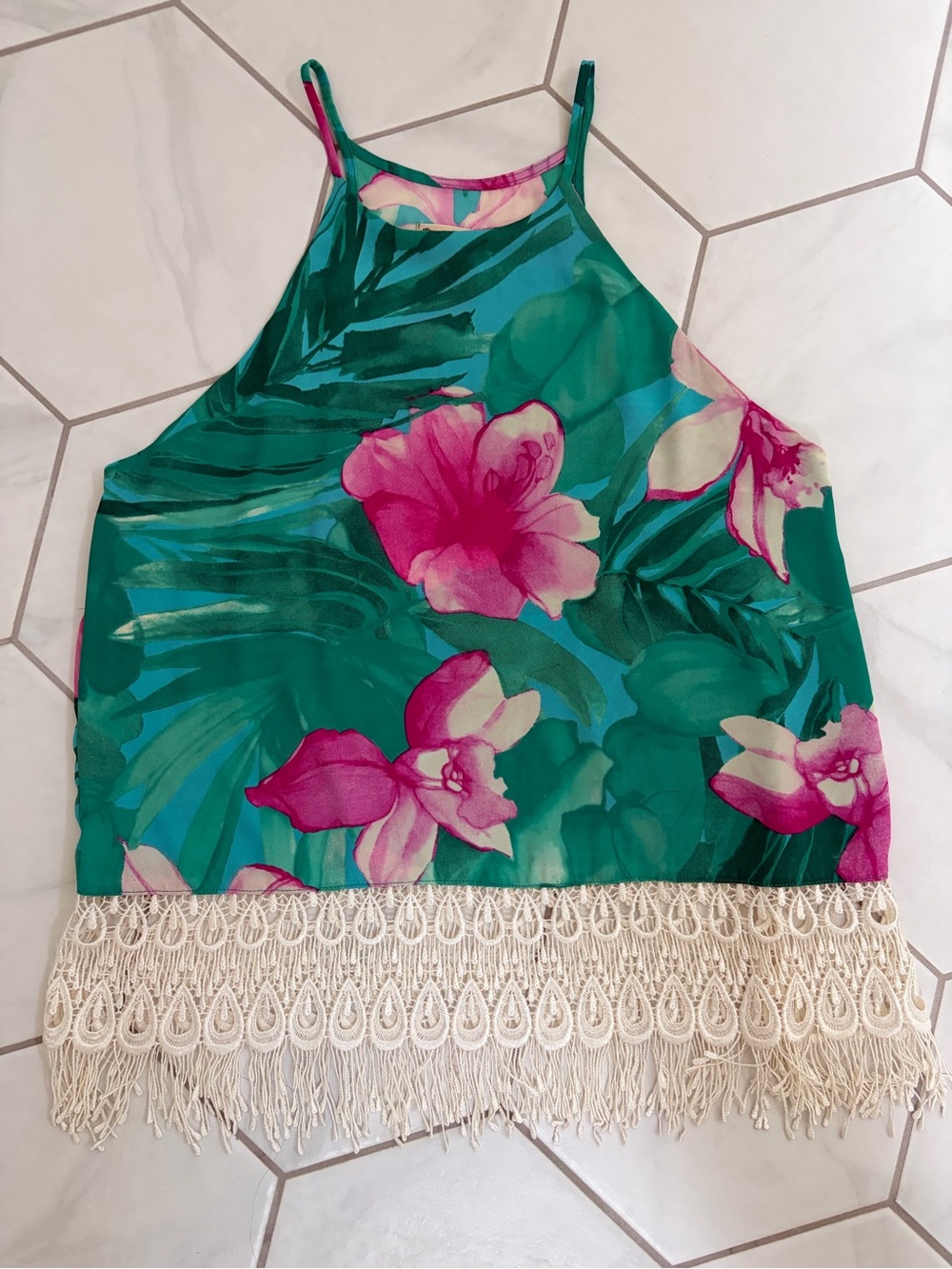 Show Me Your MuMu Teal Floral Fringe Halter Tank